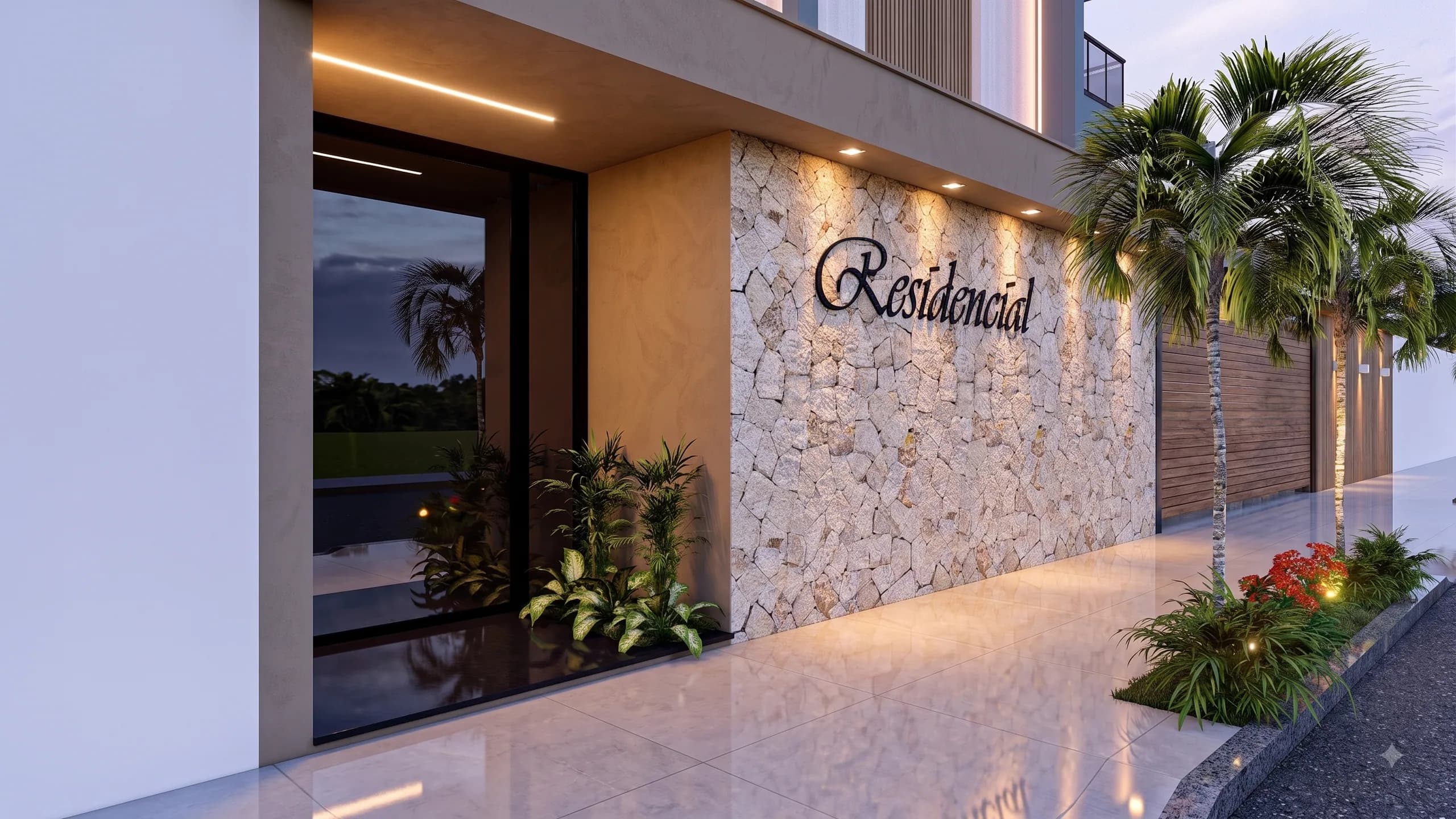 Entrada social com revestimento em pedra natural e iluminação embutida